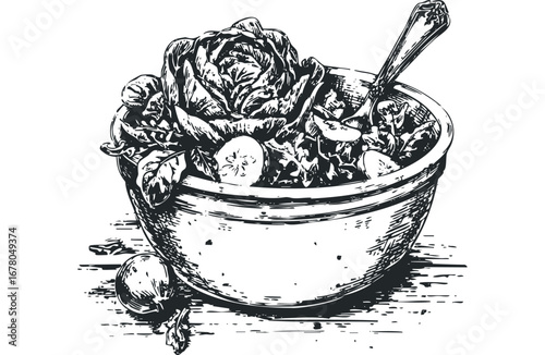 Fresh Salad Bowl with Spoon and Cherry Tomato Illustration on Transparent. Vector hand drawn illustration