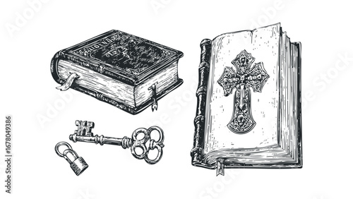 Antique ornate key, padlock, and illustrated holy bible with cross symbol. Vector hand drawn illustration