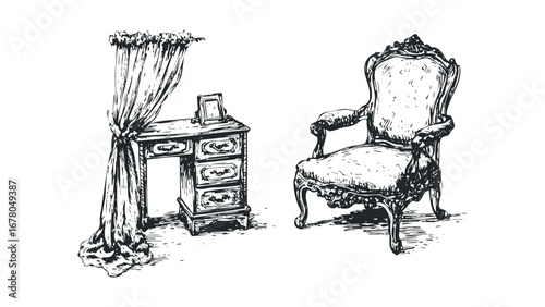 Antique armchair and vanity table with draped curtain sketch. Vector hand drawn illustration