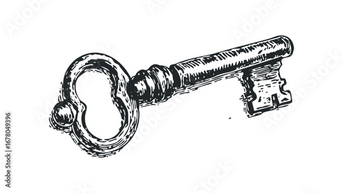 Antique Skeleton Key Isolated on White. Vector hand drawn illustration