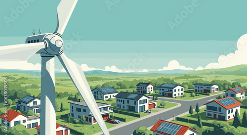 Embrace sustainable living with a powerful wind turbine overlooking a modern neighborhood featuring homes with solar panels on sunny day