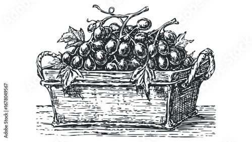 Basket brimming with ripe grapes and textured leaves. Vector hand drawn illustration