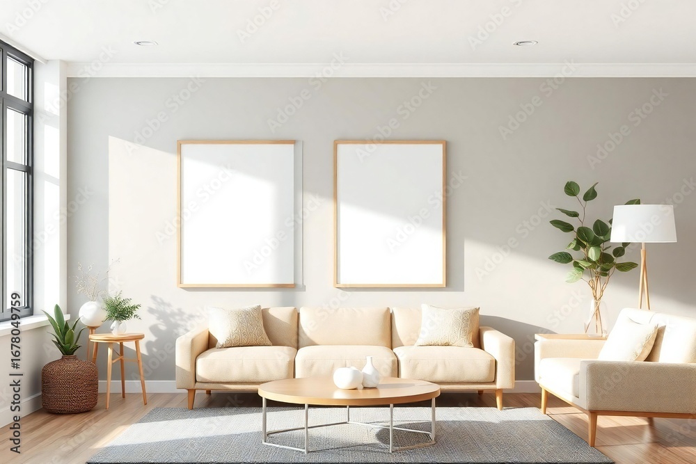Fototapeta premium Bright modern living room with sofa and empty picture frames bathed in sunlight
