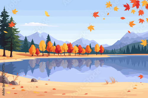 Vibrant autumn landscape with colorful falling leaves reflecting on a serene lake and majestic mountains under a clear blue sky