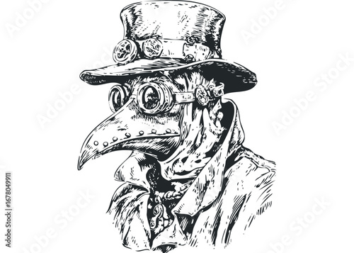 Steampunk plague doctor wearing a top hat and mask on transparent background. Vector hand drawn illustration