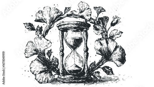 Hourglass with Floral Frame. Vector hand drawn illustration