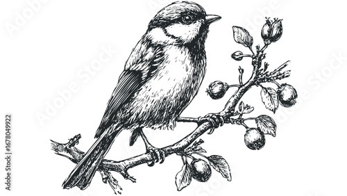 Detailed ink sketch of a titmouse perched on a branch with berries. Vector hand drawn illustration