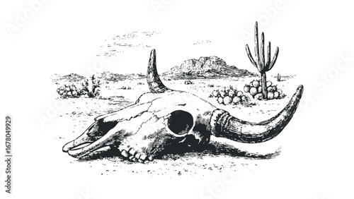 Vintage illustration of a weathered bull skull with large horns resting in a dry, arid desert landscape with cacti and distant mountains. Vector hand drawn illustration