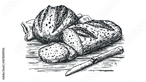 Sketch of Rustic Bread Loaves and Slices with Knife on Wooden Surface. Vector hand drawn illustration
