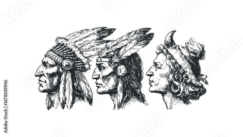 Three Indigenous Chiefs Profiles in Vintage Sketch Style. Vector hand drawn illustration