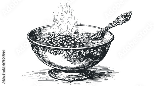 Ornate bowl filled with steaming food and spoon. Vector hand drawn illustration