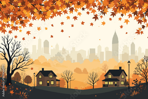 Cozy autumn scene with falling leaves and charming houses against a distant city skyline, evoking warmth and seasonal transition.