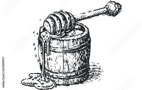 Wooden honey pot with dripped liquid and dipper stick. Vector hand drawn illustration