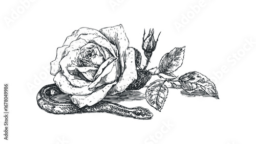Detailed sketch of a coiled snake and blooming rose on a branch. Vector hand drawn illustration
