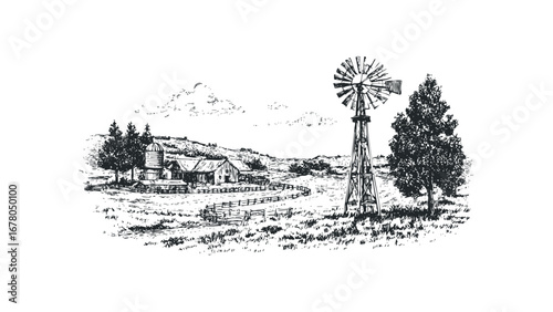 Sketch of a vintage farm with windmill and barn. Vector hand drawn illustration