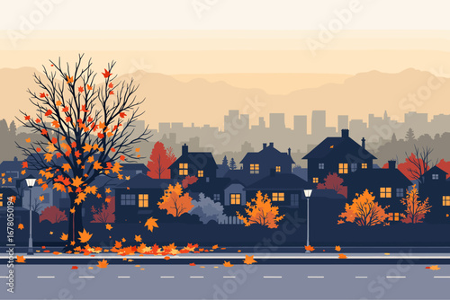 Charming autumn neighborhood scene with falling leaves and cozy illuminated homes under a hazy sky