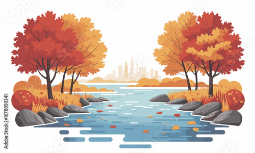 Vibrant autumn landscape showcases colorful trees by a serene lake with city skyline in the distance, perfect for seasonal themes.