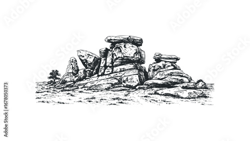 Hand Drawn Sketch of Jagged Rocky Outcrop with Sparse Tree and Grassy Field. Vector hand drawn illustration