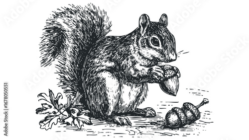 Engraved Squirrel Holding Acorn with Oak Leaves and Nuts on Transparent Background. Vector hand drawn illustration