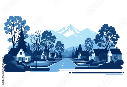Charming suburban street lined with cozy homes leading to majestic snow-capped mountains, evoking peaceful residential tranquility.