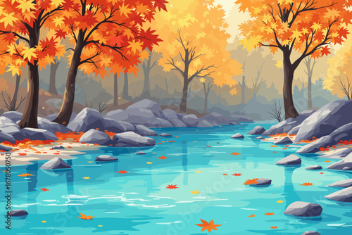 Vibrant autumn forest scene with a clear blue river flowing past rocky shores and colorful fallen leaves