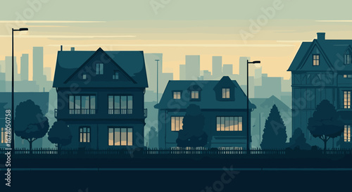 Serene suburban street scene with charming houses and city skyline at dusk, evoking peaceful neighborhood living and urban tranquility.