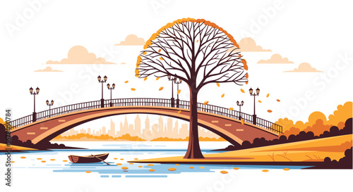 Serene autumn park scene with a picturesque bridge, fallen leaves, and a lone rowboat drifting on calm water, evoking peaceful reflection and seasonal beauty.