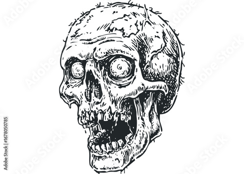 Disturbing human skull with vacant eyes and open jaw in a sketchy hand-drawn style. Vector hand drawn illustration