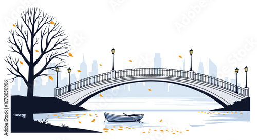 Serene autumn scene with a lone boat by a bridge and city skyline, evoking peaceful contemplation and seasonal beauty.
