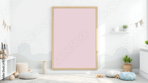 Blank vertical poster frame mockup in a bright nursery room