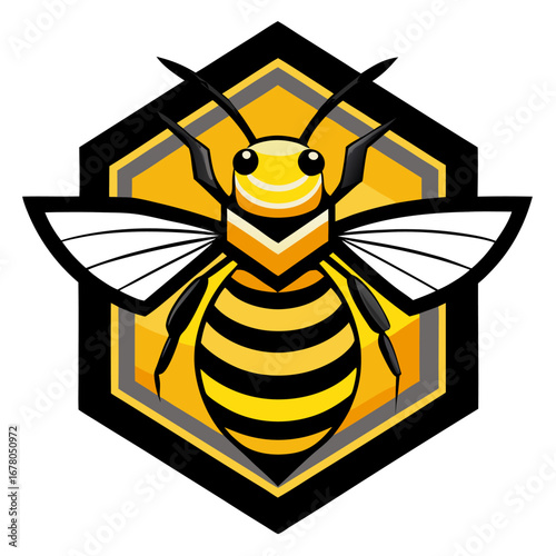 Geometric Yellow-and-Black Bee in Hexagon Frame with Angular Wings
