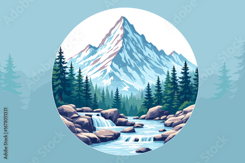 Majestic snow-capped mountain peaks tower over a vibrant forest and a flowing river with cascading waterfalls, evoking natural beauty and adventure.