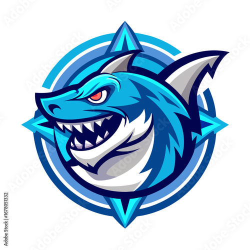 Streamlined Shark Head Logo with Blue Glow in Circular Badge