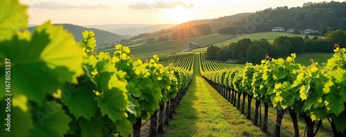 Lush green vineyard landscape at a winery, bathed in sunlight Rolling hills, grapevines, and a serene atmosphere Perfect for wine labels, websites, and travel brochures , vineyard view, south africa