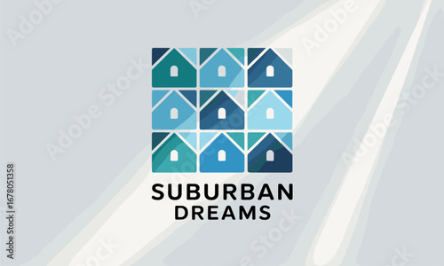 Discover your dream home with a modern, inviting suburban neighborhood featuring stylized houses in calming blue and green tones.