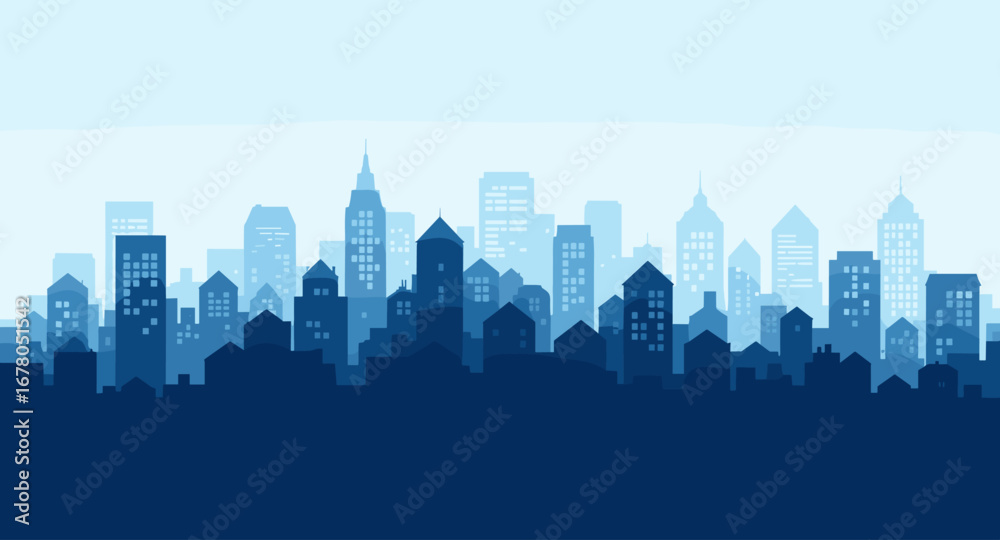 Naklejka premium Captivating cityscape silhouette showcasing modern urban architecture in varying shades of blue, perfect for business and city-themed projects.
