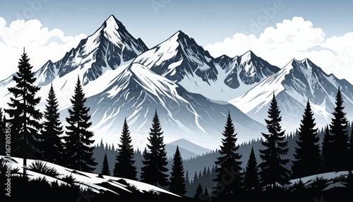 Peaceful mountain with pine trees. Rugged mountain terrain in winter. Wintery mountains with forest view. Snowy peaks with forest foreground. Rocky mountain peak in the snow