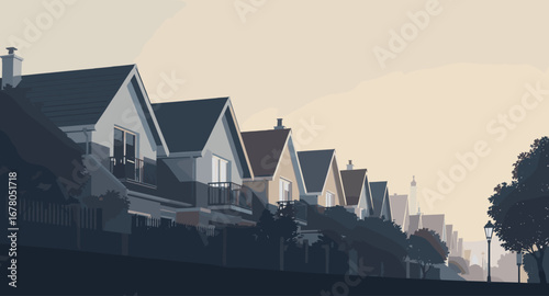 Serene suburban street lined with charming houses under a soft, hazy sky, evoking peaceful community living.