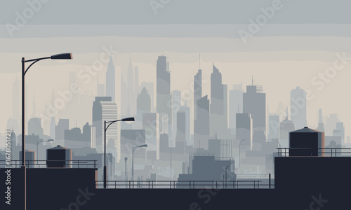 Modern cityscape skyline with towering skyscrapers and streetlights under a hazy sky, evoking urban progress and metropolitan life