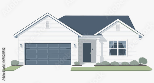 Charming modern white suburban house with blue garage door and entryway, perfect for real estate or lifestyle concepts.