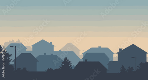 Serene suburban skyline at dawn with houses silhouetted against a soft, hazy sky creating a peaceful residential atmosphere