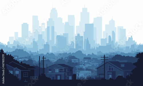 Serene suburban homes nestled beneath a majestic, hazy blue city skyline, evoking tranquility and urban connection