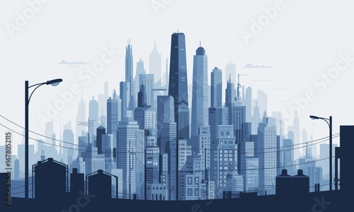 Stunning modern city skyline with towering skyscrapers and urban infrastructure, evoking progress and metropolitan energy.