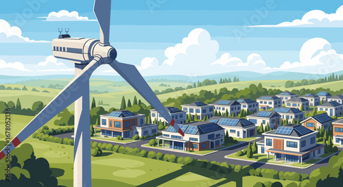 Sustainable suburban living shines with modern homes featuring solar panels and a powerful wind turbine generating clean energy