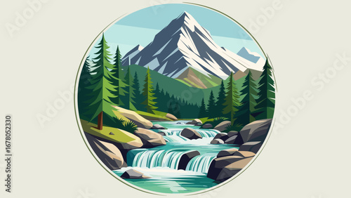 Majestic snow-capped mountain overlooks vibrant forest and rushing waterfall in serene natural landscape