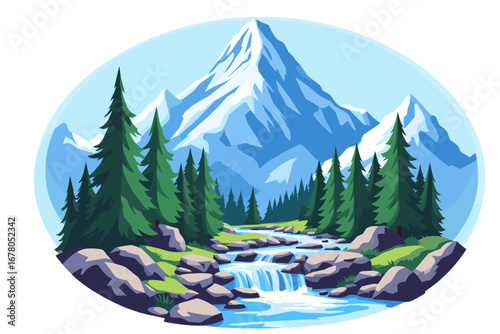 Serene mountain vista with a flowing river and lush pine forest, capturing the majestic beauty of nature's pristine wilderness and tranquil adventure.