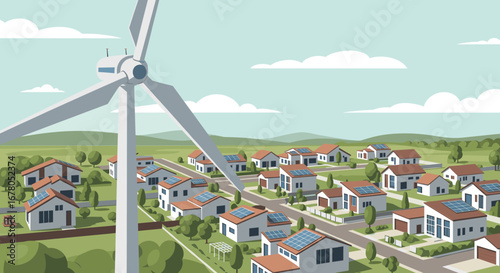 Sustainable suburban neighborhood powered by wind energy and rooftop solar panels, showcasing a clean future.