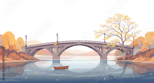 Serene autumn landscape with a charming stone bridge, colorful foliage, and a lone rowboat on tranquil water, evoking peaceful reflection and natural beauty.