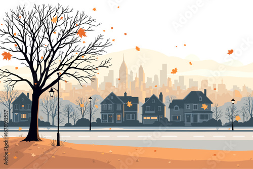 Vibrant autumn cityscape showcases falling leaves, cozy homes, and a distant city skyline creating a warm, inviting seasonal ambiance.