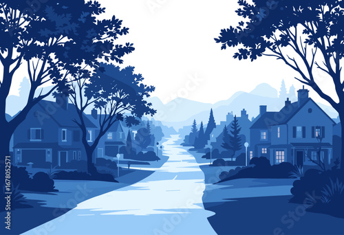 Charming suburban street scene unfolds with cozy homes and a winding path leading towards distant, misty mountains under a clear sky.